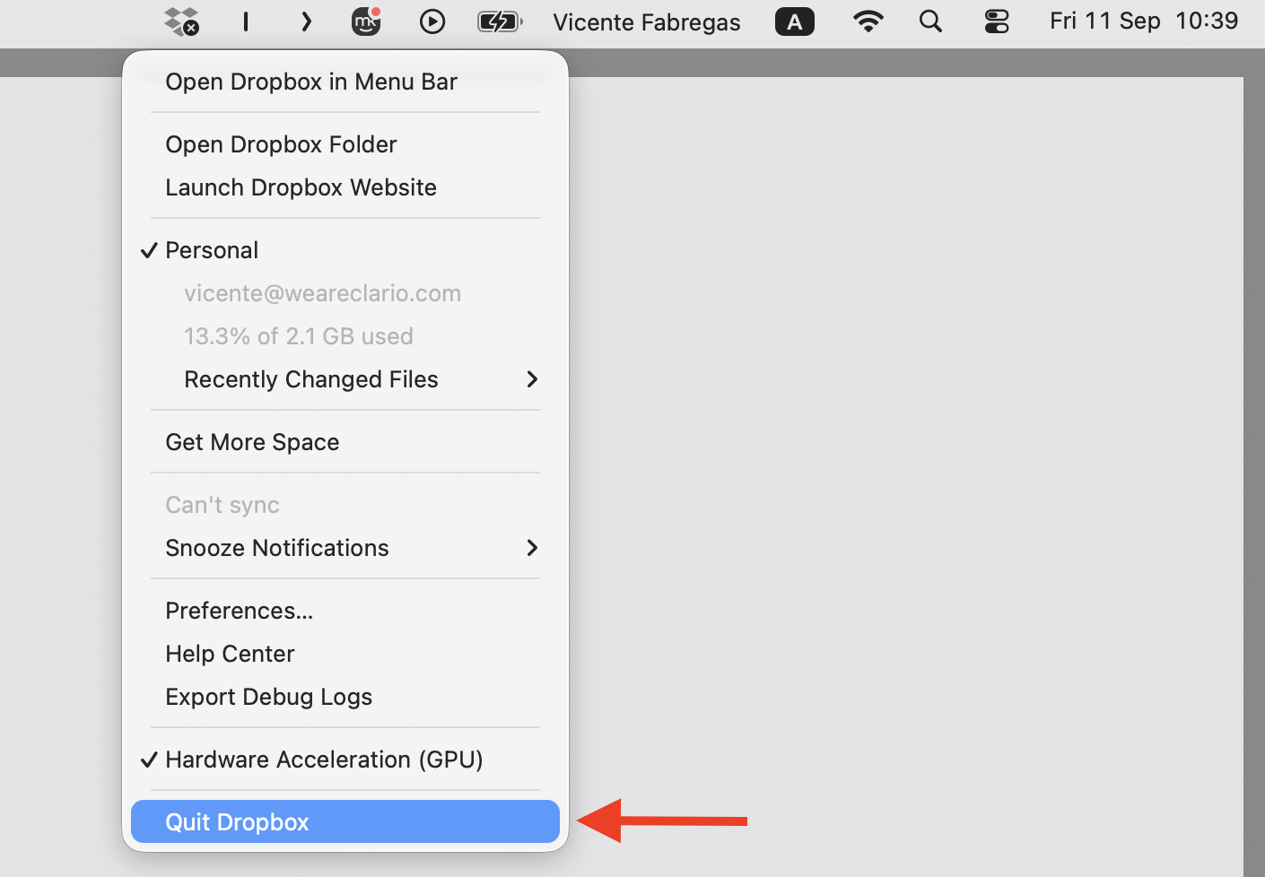 The Dropbox menu bar dropdown on macOS with the Quit Dropbox option highlighted, the first step before a clean reinstall on Mac.