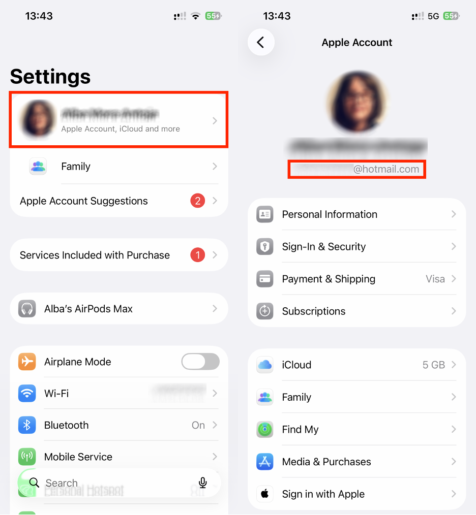 To check the Apple ID on your iPhone before you use iPhone Mirroring on your Mac, go to Settings, select your name, then check the email address.