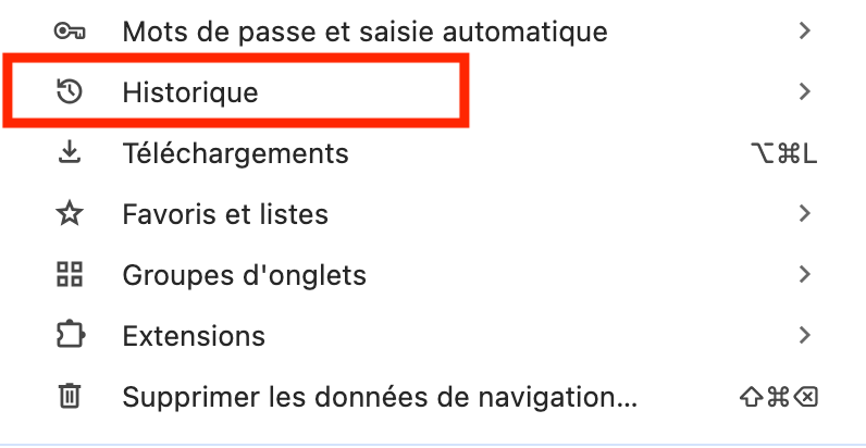Pour continuer, sélectionnez Historique dans le menu déroulant qui s’affiche.