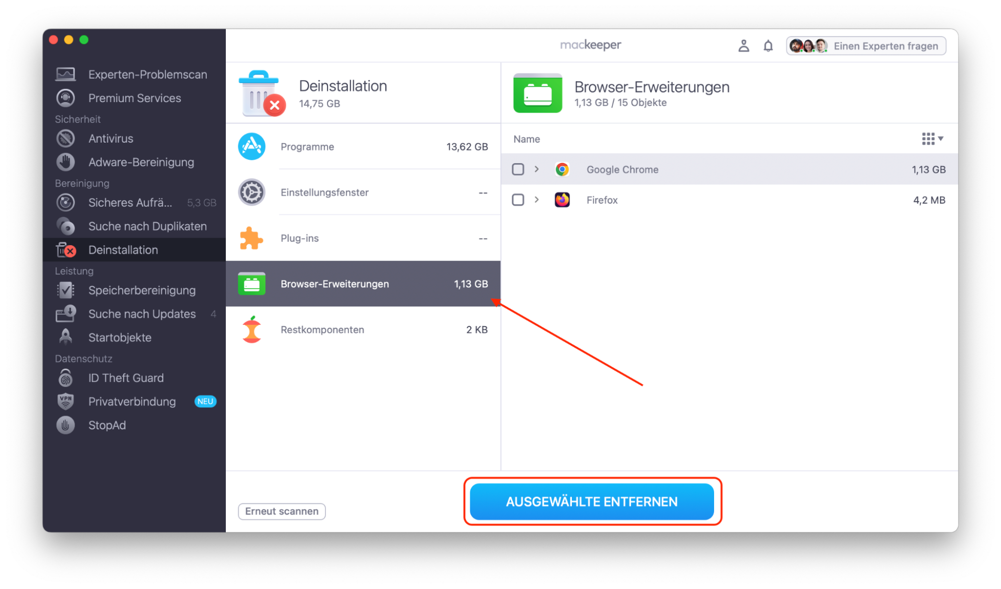 MacKeeper auf macOS Monterey zeigt das intelligente Deinstallationsprogramm an. Wählen Sie Browser-Erweiterungen, wählen Sie die zu entfernenden Erweiterungen aus und klicken Sie dann auf Ausgewählte entfernen.