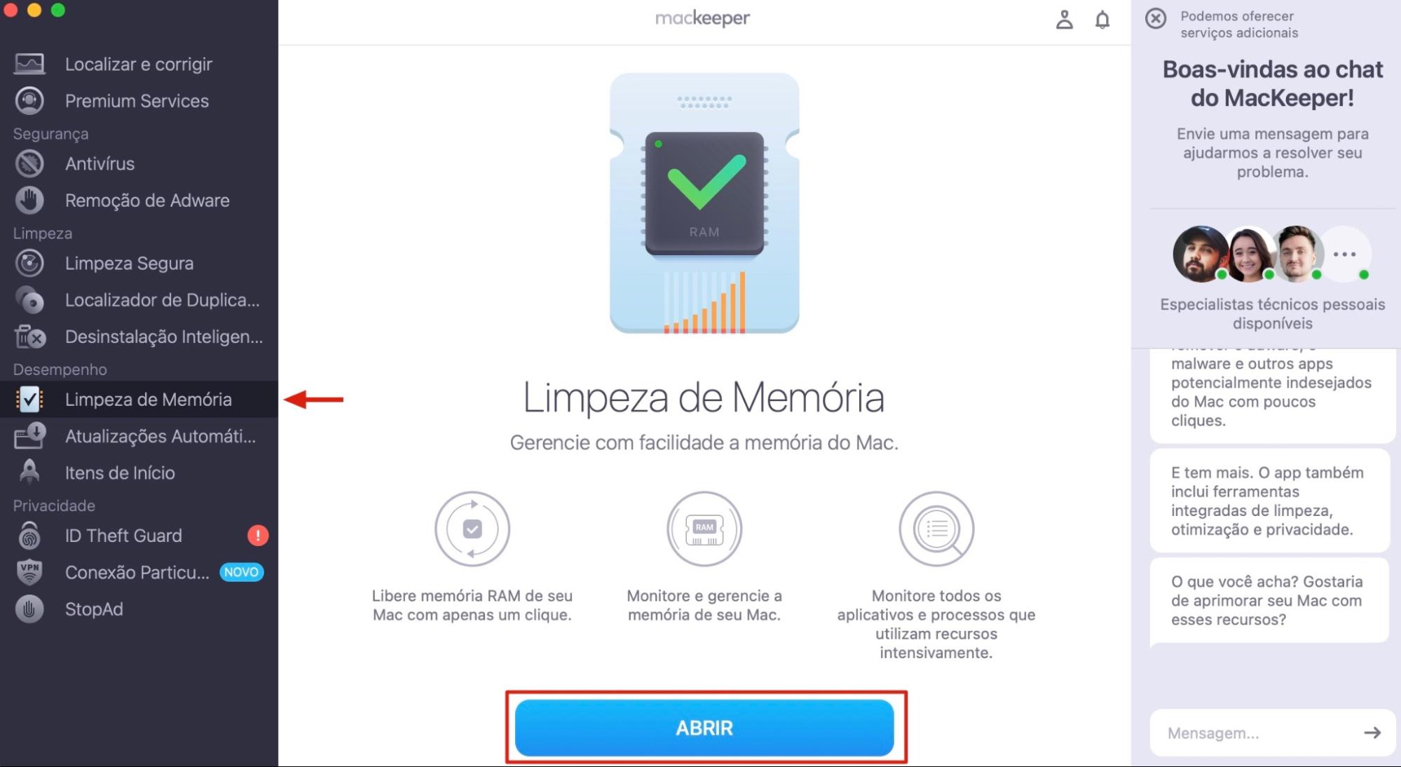 Para acelerar o seu Mac usando o MacKeeper, abra o aplicativo e selecione Limpeza de Memória no menu lateral, depois clique em Abrir.