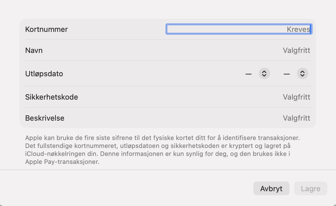 Hvis du endrer autoutfyllingsinnstillingene for betalingskort, kan du legge til og fjerne kortopplysninger. Hvis du ikke vil at et kort skal autoutfylles i Safari, fjerner du det herfra.