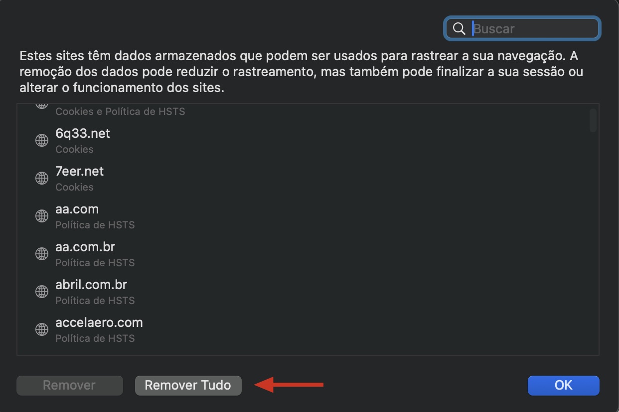 O Safari no Mac exibe todos os dados dos sites. Clique no botão Remover Tudo e depois em Remover Agora para excluir todos os arquivos de cache.