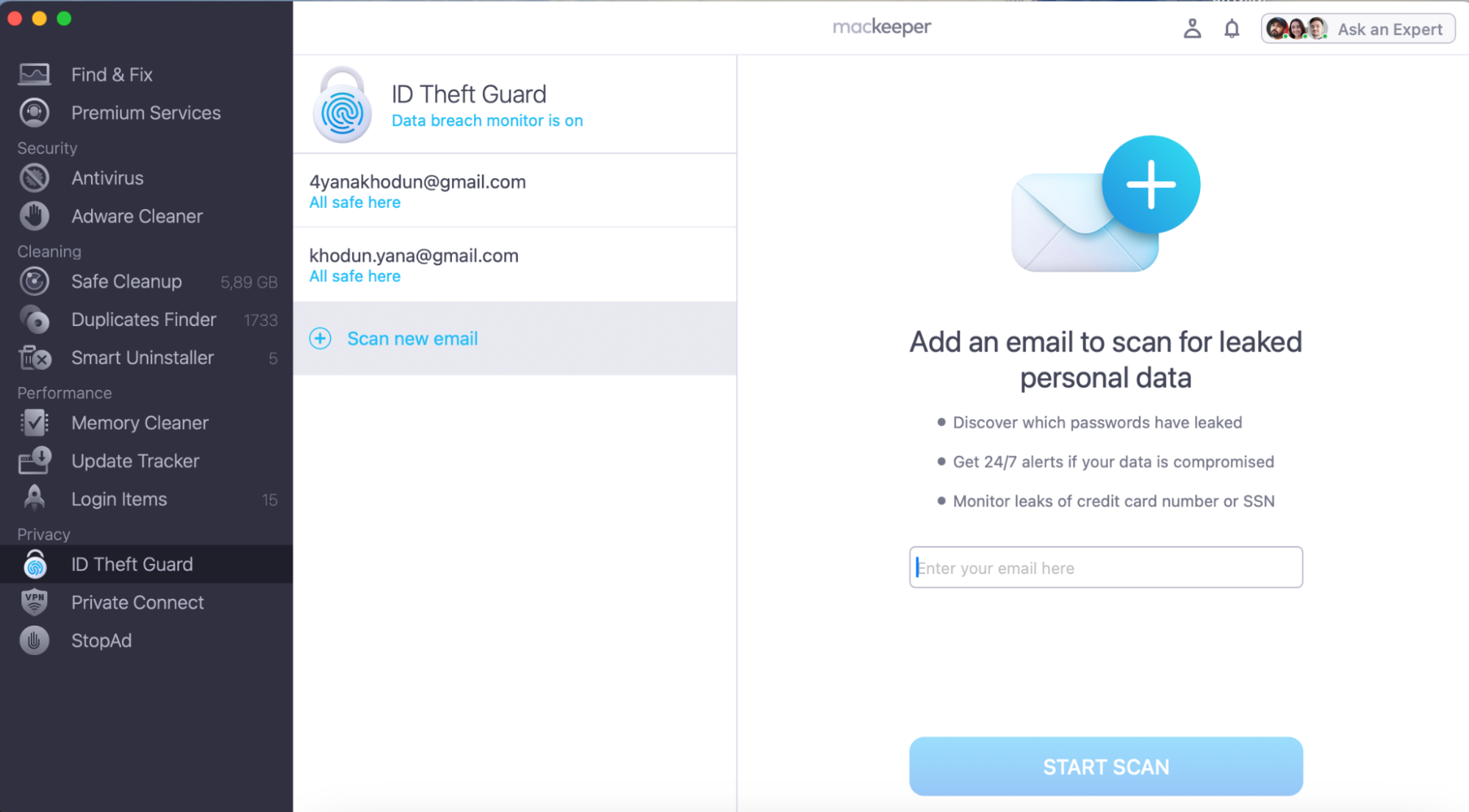 ID Theft Guard window in MacKeeper on an Apple laptop showing the Scan new email field where you type an address and click Start Scan in macOS Sonoma.