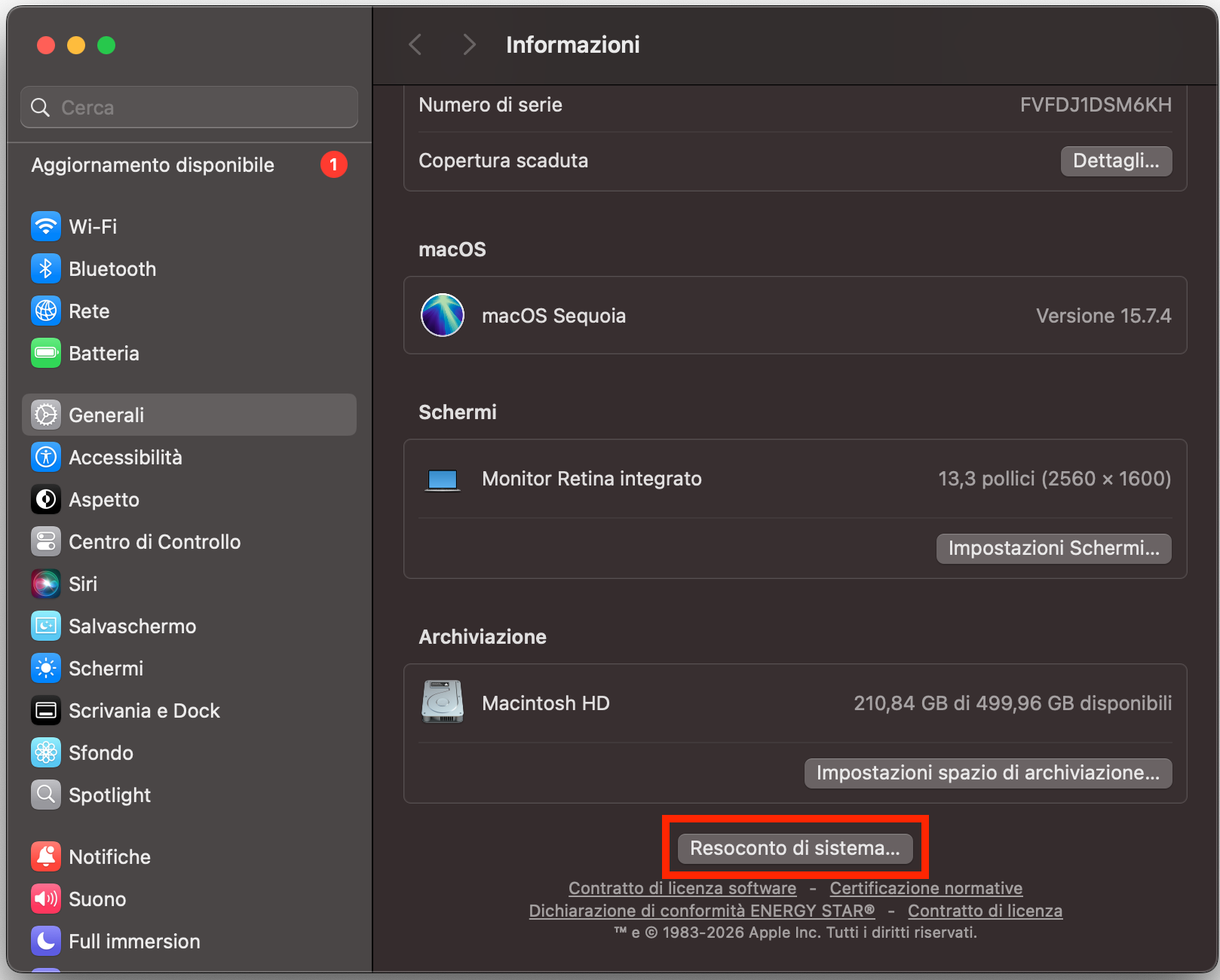 Per verificare se il tuo Mac è in modalità provvisoria, fai clic sul pulsante con il logo Apple, quindi seleziona Informazioni su questo Mac. Poi fai clic su Resoconto di sistema.