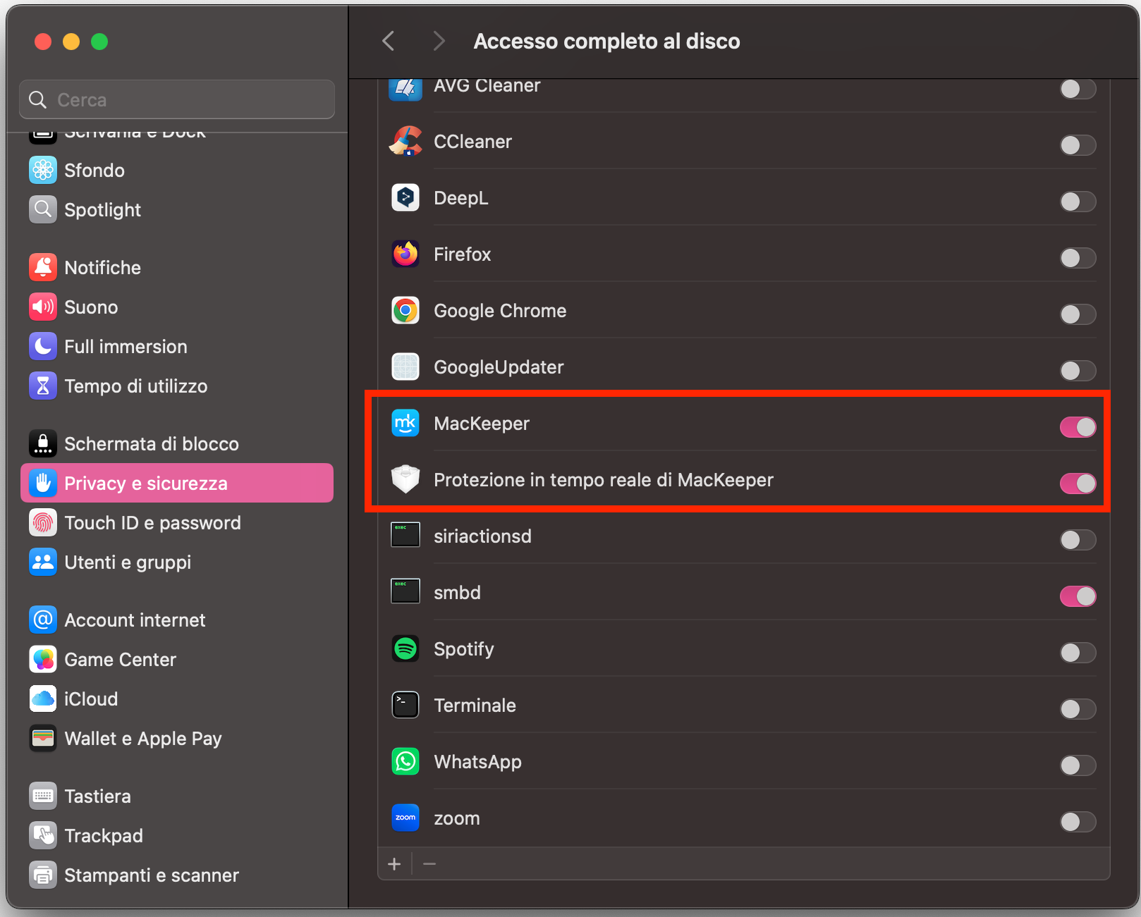 Impostazioni di Sistema su Mac che mostra il menu Accesso completo al disco. Abilita la protezione in tempo reale di MacKeeper per trovare e rimuovere malware sul tuo computer.