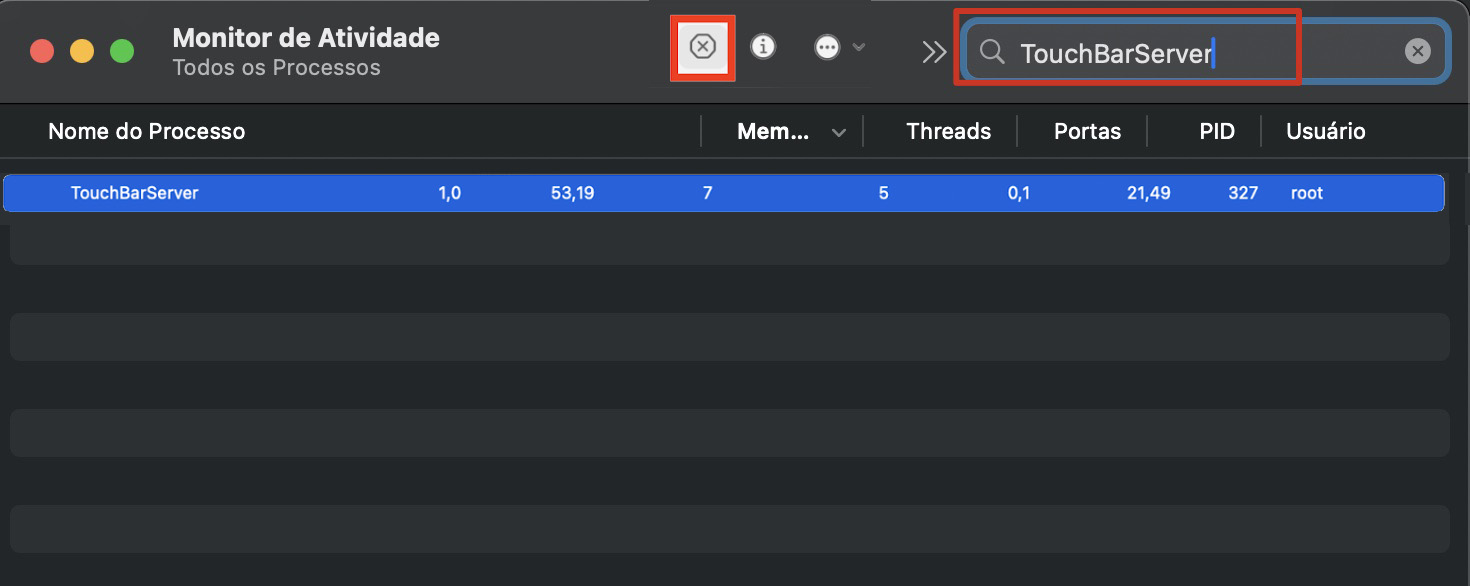 O Monitor de Atividade está aberto em um Mac, com o botão de parar destacado. Como corrigir a Touch Bar no MacBook Pro: use o Monitor de Atividade para reiniciar a Touch Bar.