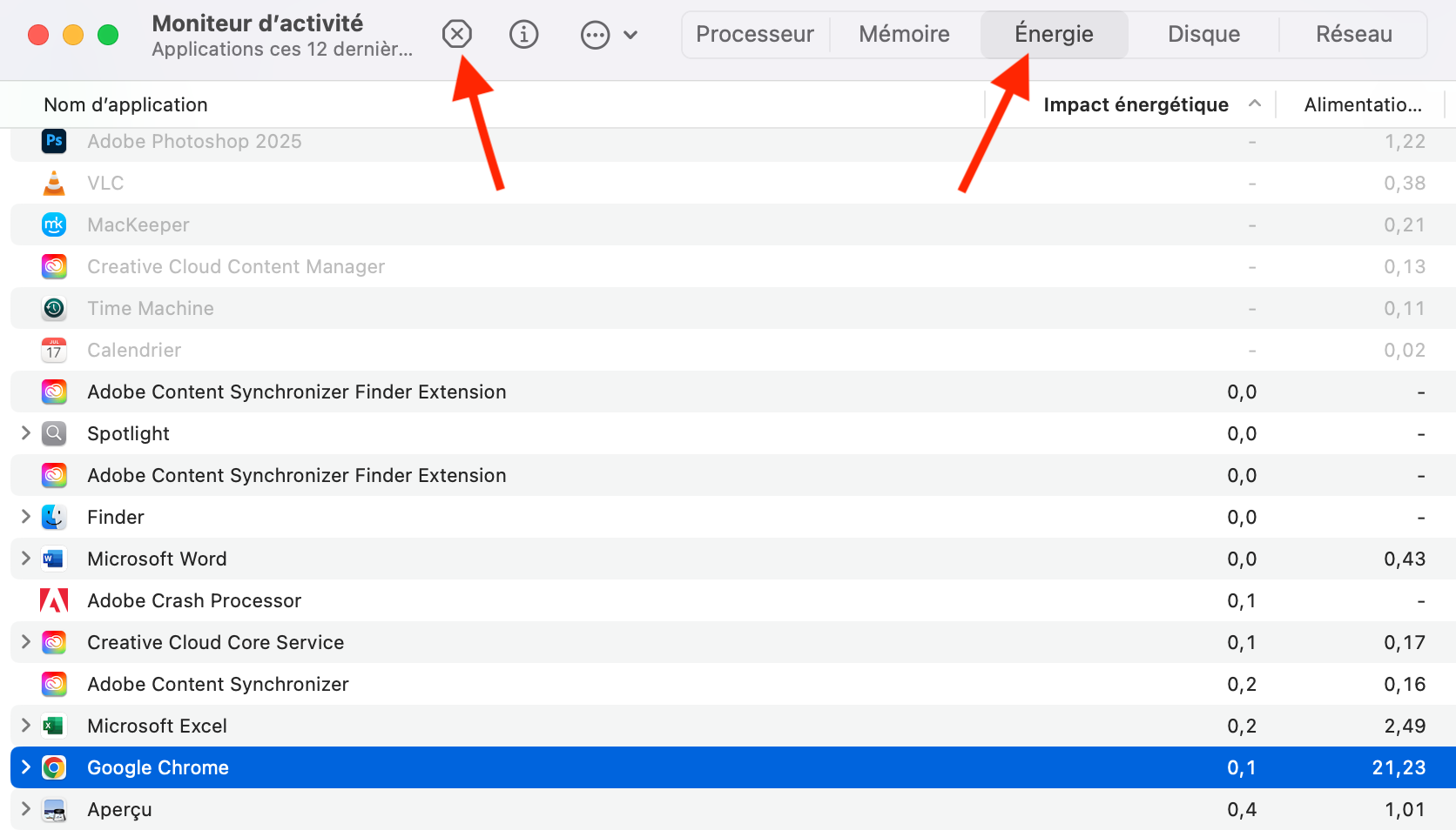 Sélectionnez Google Chrome dans l’onglet Énergie et cliquez sur le bouton « x ».