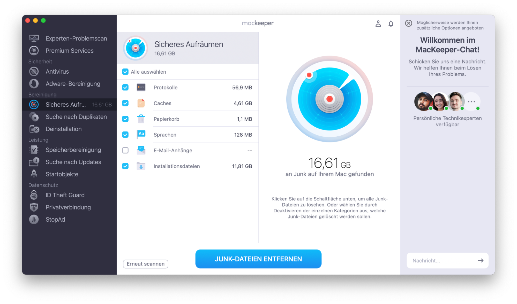 Um lokalen Speicher auf Ihrem Mac freizugeben, bereinigen Sie Junk-Dateien mit Sicheres Aufräumen von MacKeeper. Dies kann bei dem Problem helfen, dass iCloud Drive den lokalen Speicher auf dem Mac belegt.
