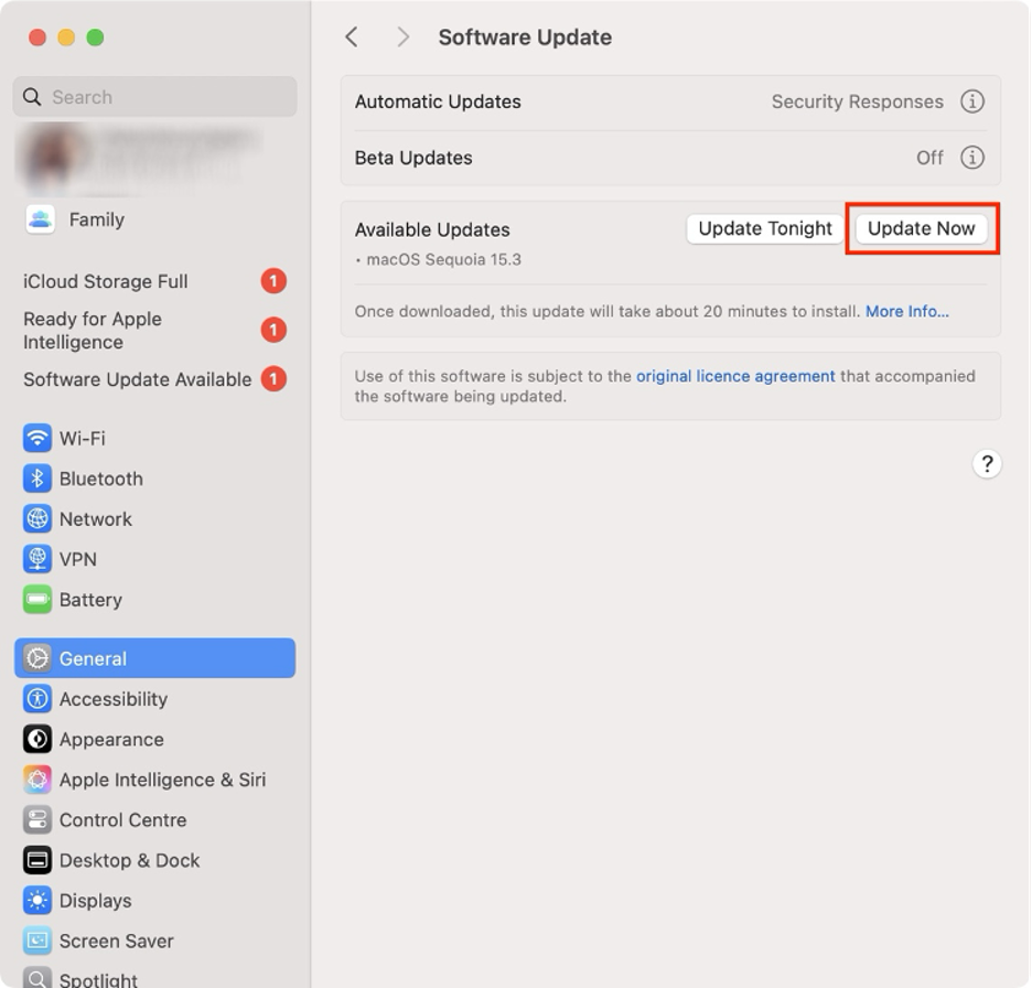 To try to fix the Safari can’t connect to iCloud Private Relay issue on macOS by updating your Mac, click the Update Now button.