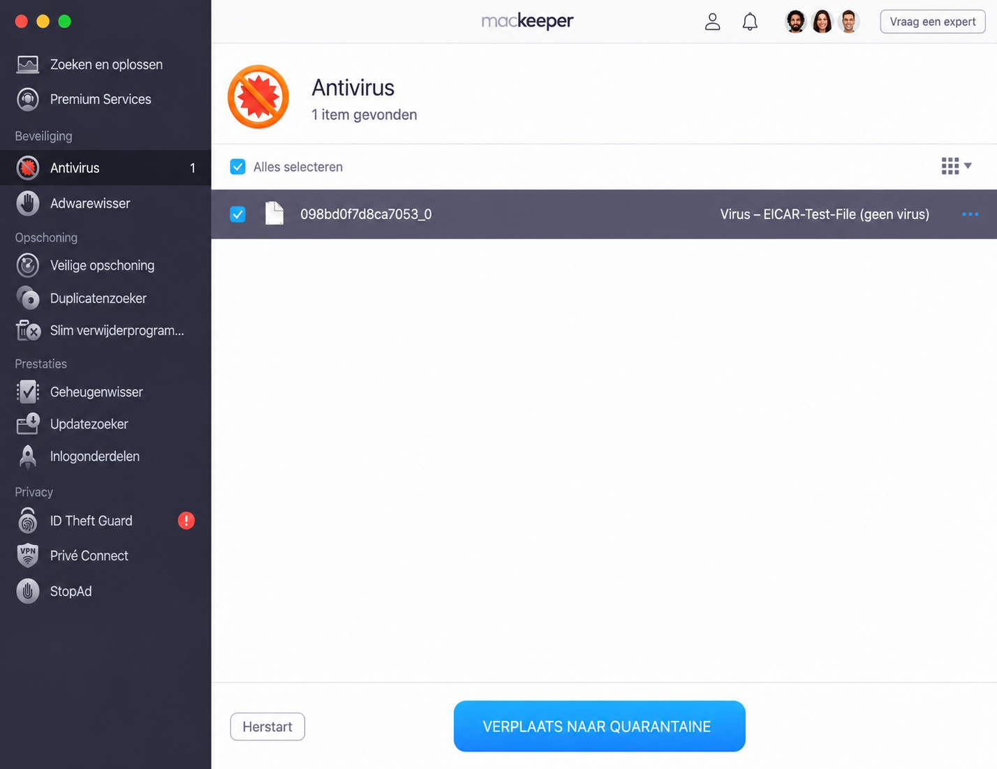 Nu informeert het nieuwe venster in het Antivirus-tabblad van MacKeeper je over het resultaat van de scan op je Mac. Als er iets wordt gevonden, zorg er dan voor dat je het naar Quarantaine verplaatst