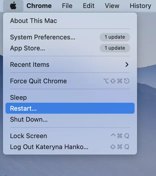 Screenshot that demonstrates how to access the Restart option on a Mac during WindowServer high memory usage troubleshooting.