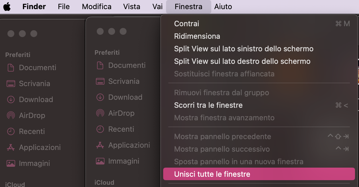 Libera la RAM sul Mac riducendo l’uso di Finder. Vai su Finestra nella barra degli strumenti in alto, quindi seleziona Unisci tutte le finestre. Infine, chiudi le schede che non ti servono.