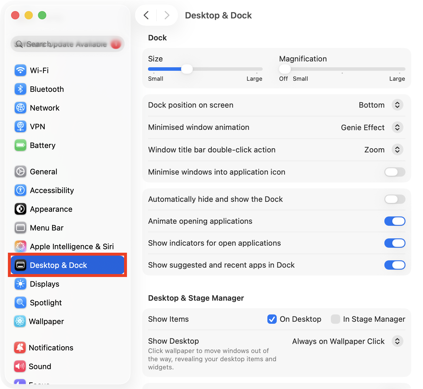 The Desktop & Dock menu inside System Settings on Mac. To have the Mac Dock show on all screens as you move between them, go to Desktop & Dock and enable Displays have separate Spaces.
