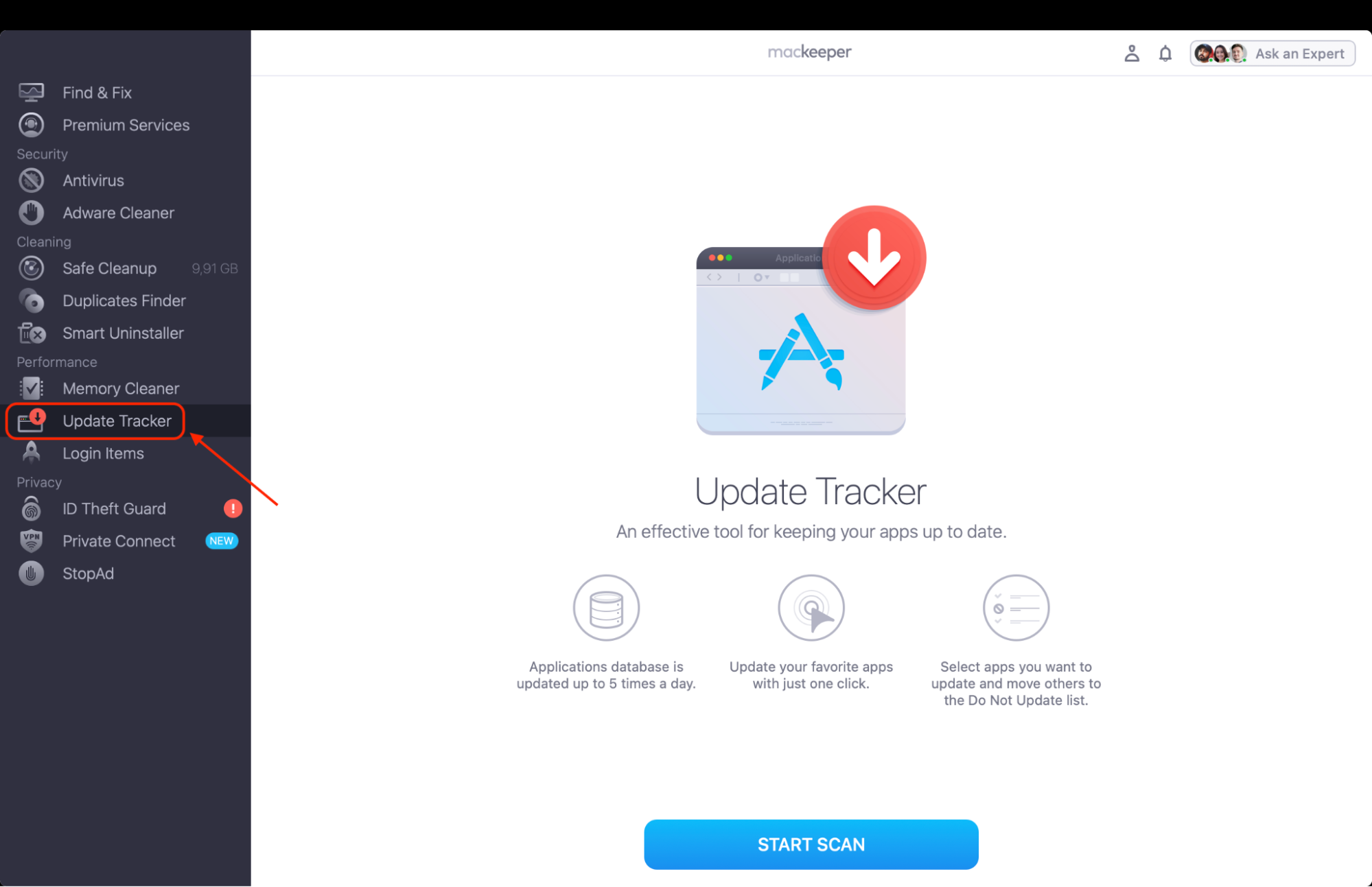 Launch MacKeeper, then select Update Tracker from the left-hand sidebar to access the tool and begin scanning your apps for updates.
