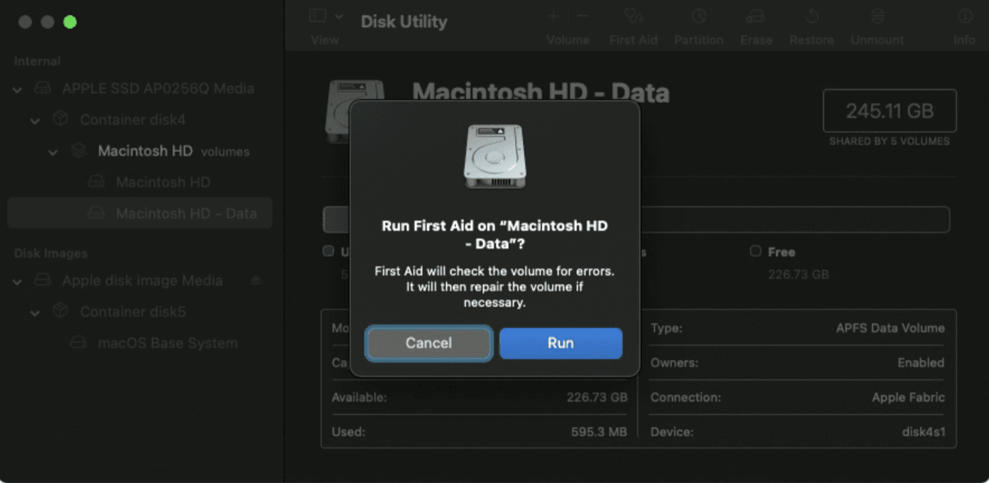Now, all you need to do is click First Aid and press Run to allow Disk Utility to scan and repair any errors or corruption on your Mac, which can resolve issues causing the prohibitory symbol to appear during startup.
