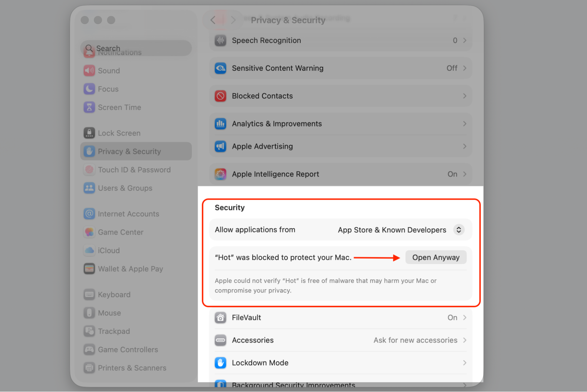 Privacy & Security pane on an Apple device showing the Security section, with the Open Anyway button next to the blocked Hot app.