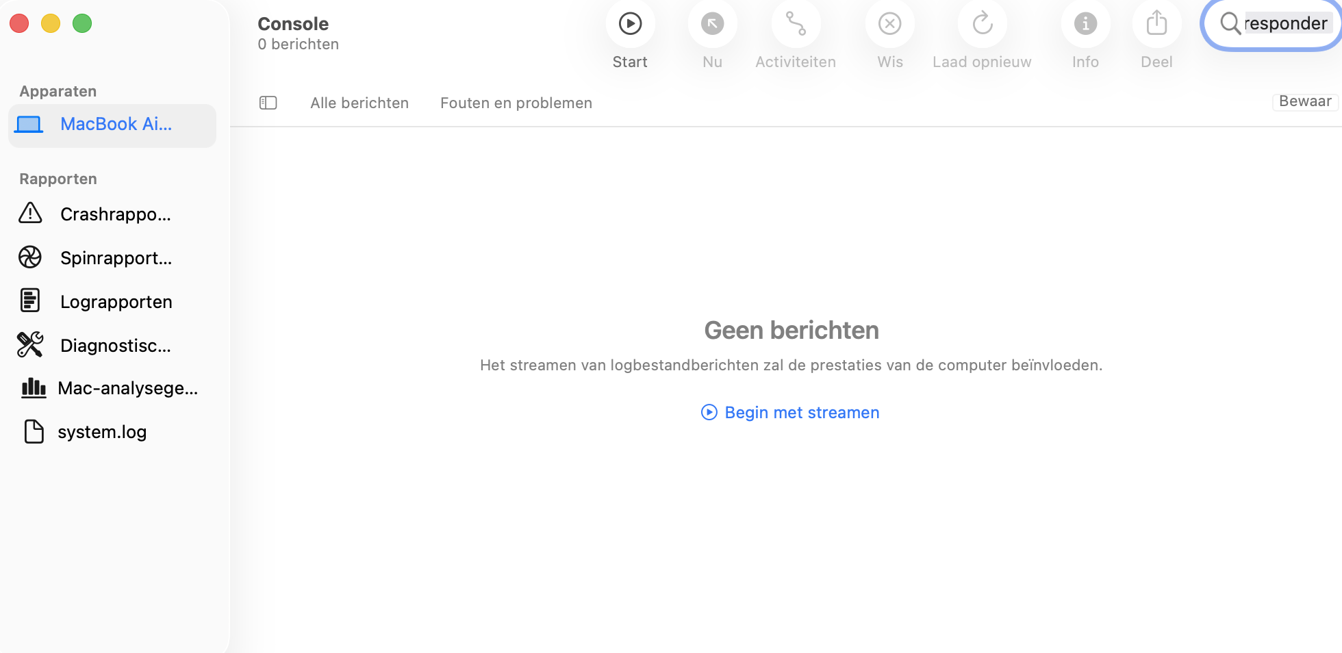 Om de DNS-cache op je Mac te bekijken, open je eerst de app Console. Typ ‘mDNSResponder’ in de zoekbalk en druk op Enter.