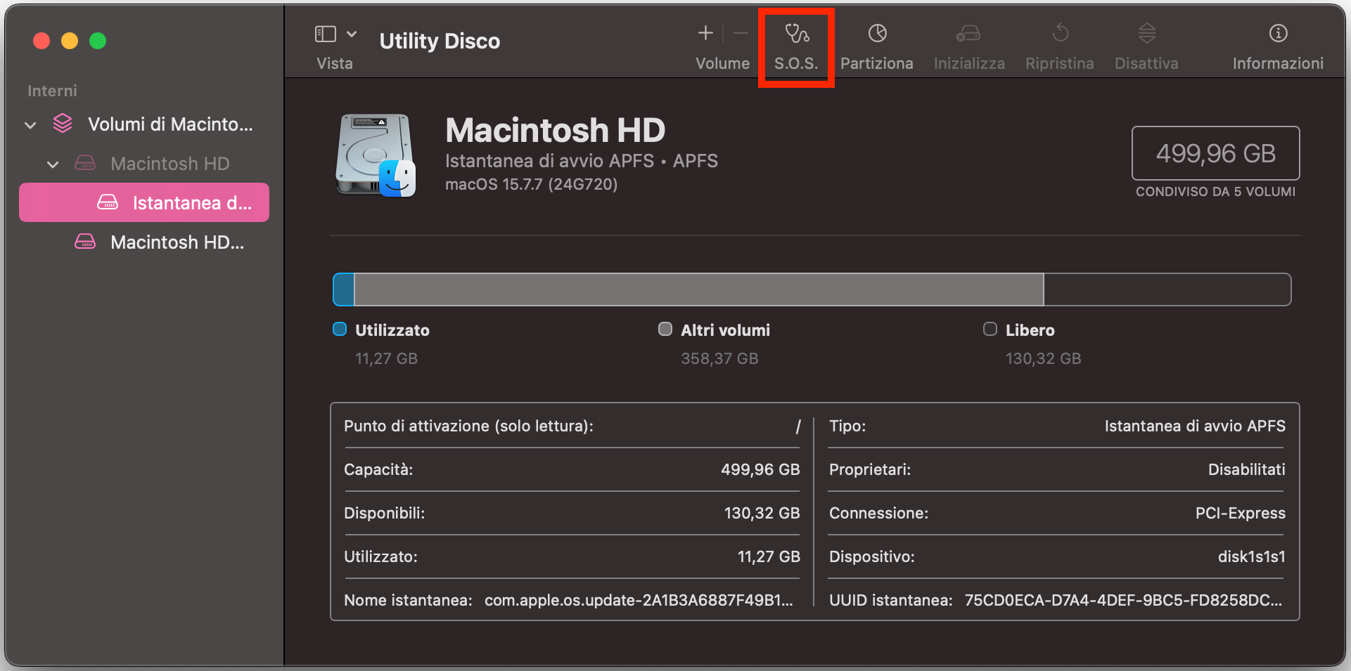 Il disco di avvio del Mac in Utility Disco. Clicca sullo strumento S.O.S. per riparare i permessi del disco.