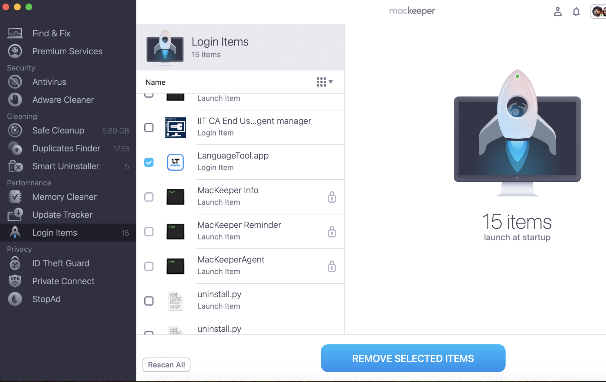 Choose the processes from the list and tick them, then click Remove Selected Items.