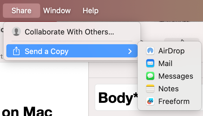 To share your Pages document with others, open Pages on your Mac, select Share in the menu bar, then click Send a Copy.