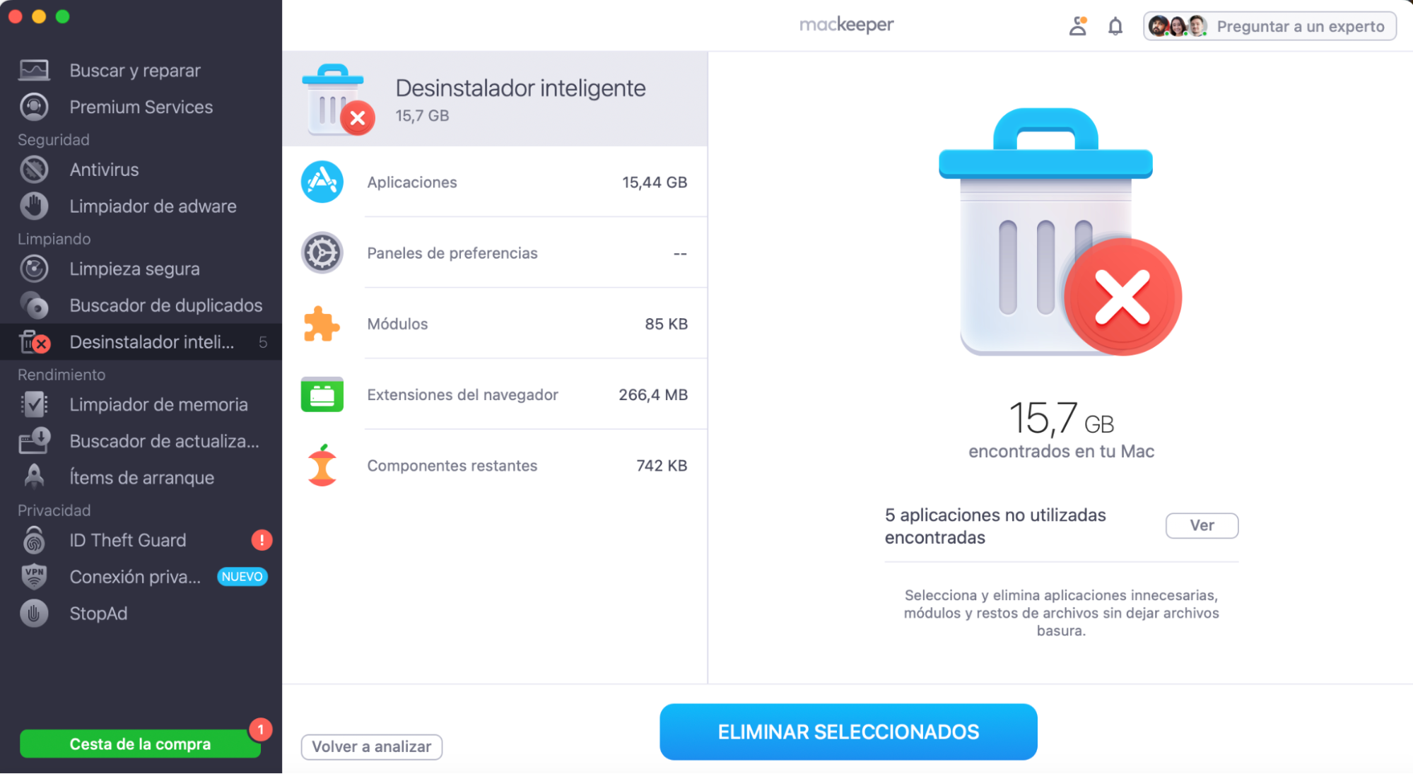 Después de escanear, el Desinstalador Inteligente de MacKeeper muestra la lista de archivos que se pueden eliminar de forma segura. Elija los archivos y haga clic en Eliminar seleccionados.