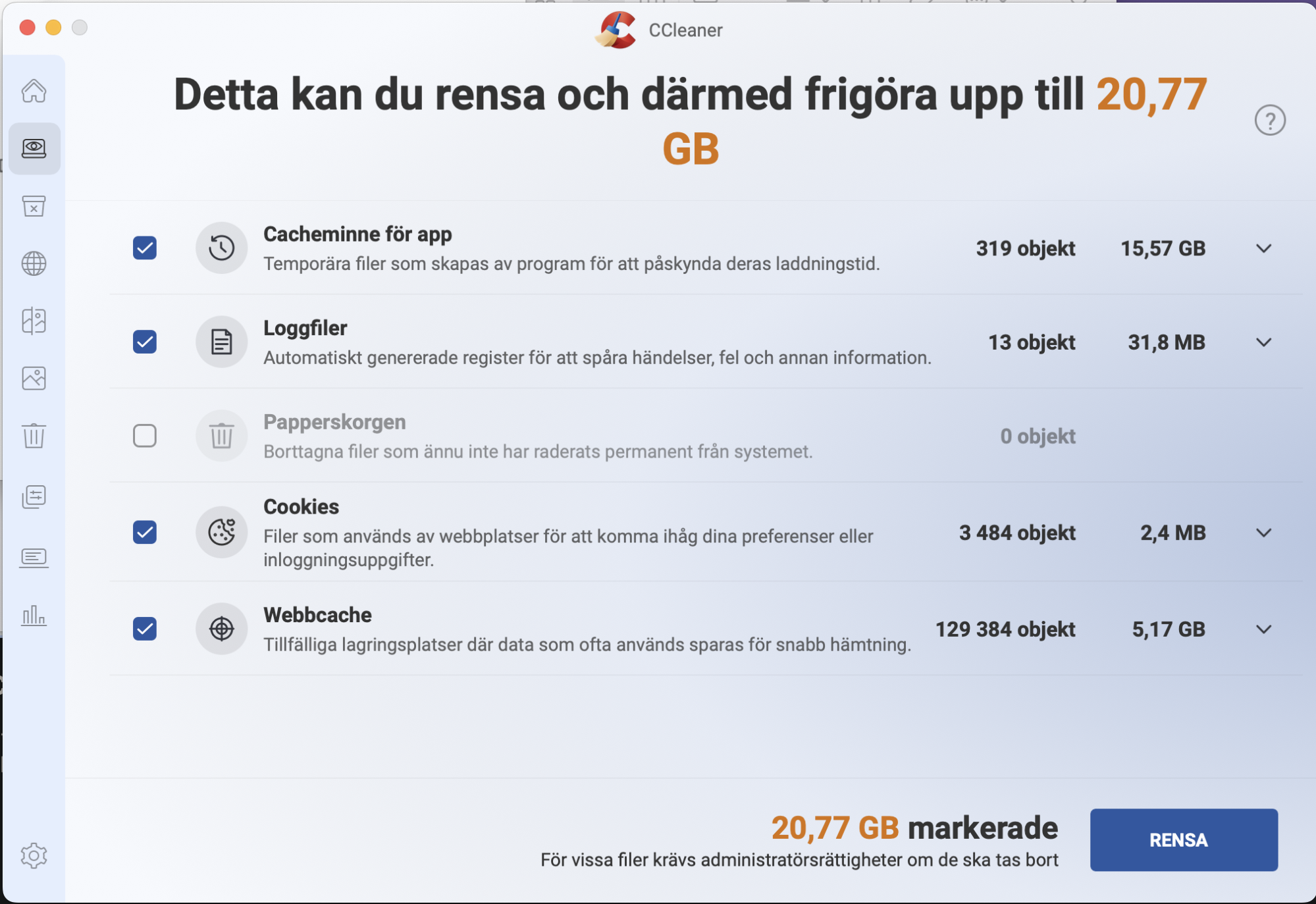 CCleaner är ytterligare ett verktyg som kan bidra till att rensa bort onödiga filer från din Mac. Se rapporten från appen.