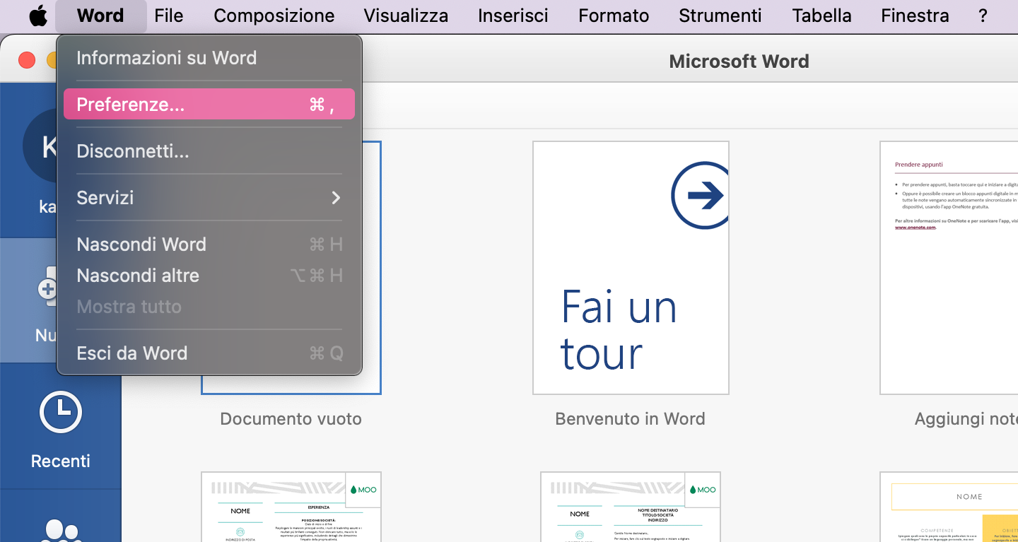 Apri Word, poi seleziona Word > Preferenze dalla barra dei menu in alto a sinistra dello schermo. Questo ti porterà nelle impostazioni dell'app.