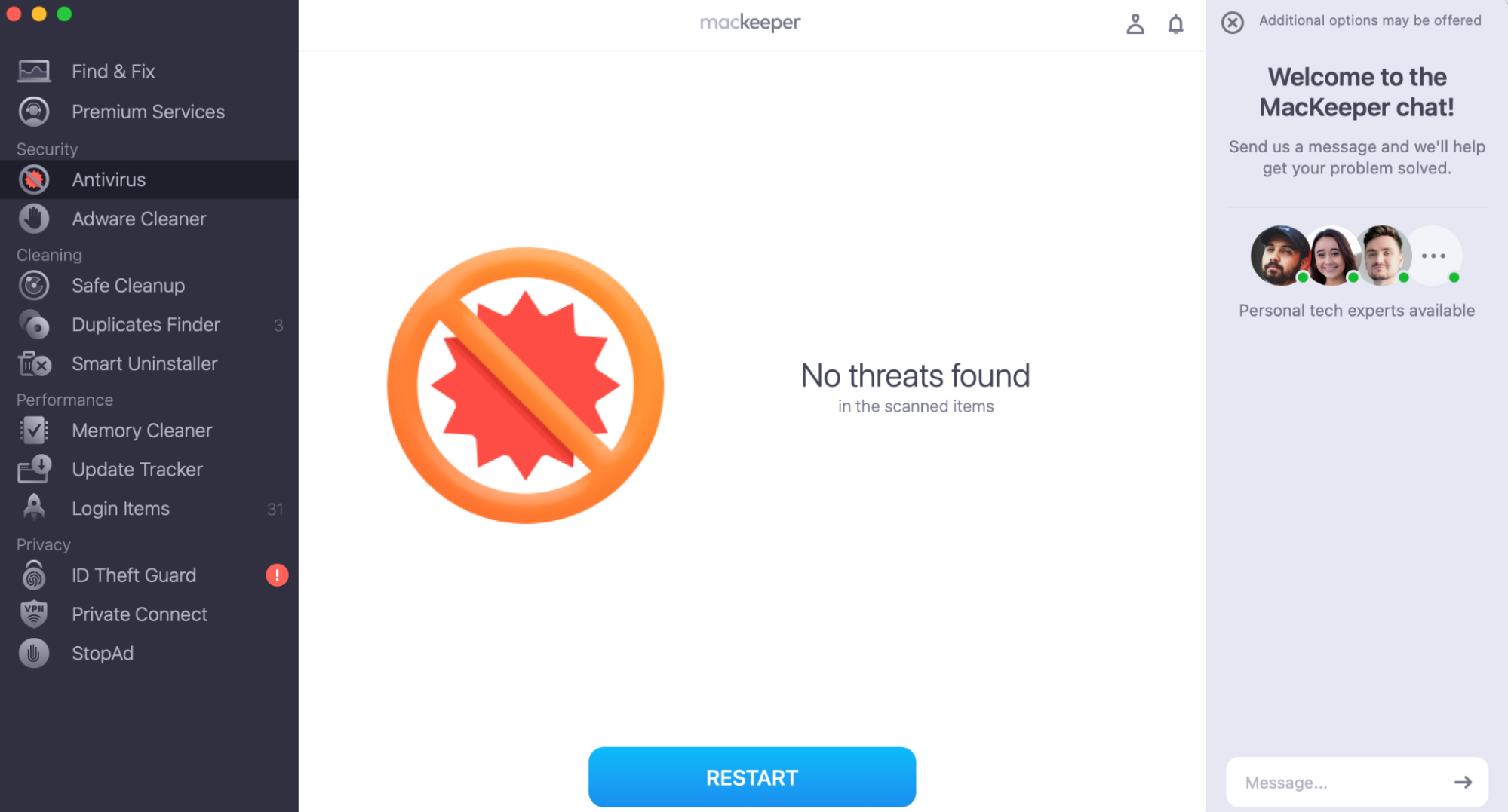 To remove a detected virus or malware, click Delete.