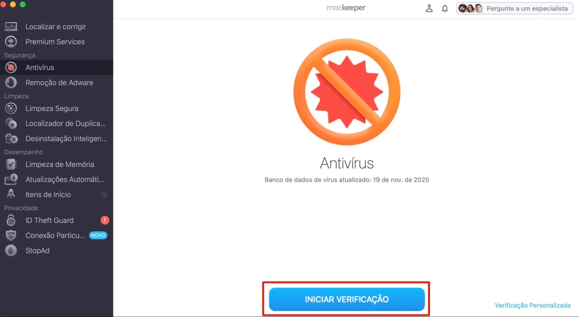 O aplicativo MacKeeper está aberto em um Mac com a ferramenta Antivírus selecionada. O usuário deve clicar no botão Iniciar Verificação para verificar o dispositivo em busca de malware.