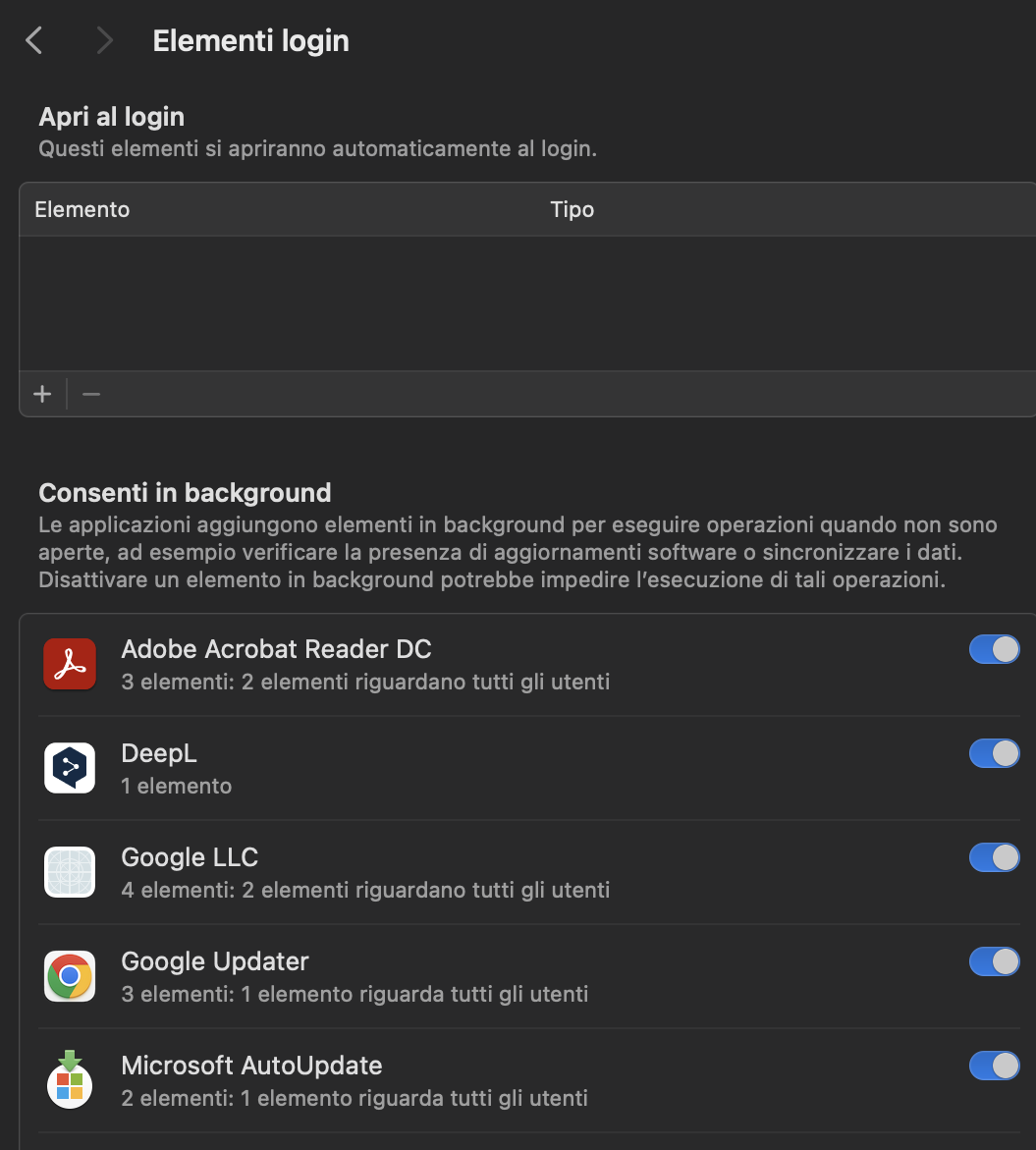 Controlla l'elenco delle app nel tuo elenco di accesso. Se vuoi rimuoverne qualcuna, evidenziala e premi il pulsante meno (-). In questo modo, non si apriranno più all'avvio del Mac.
