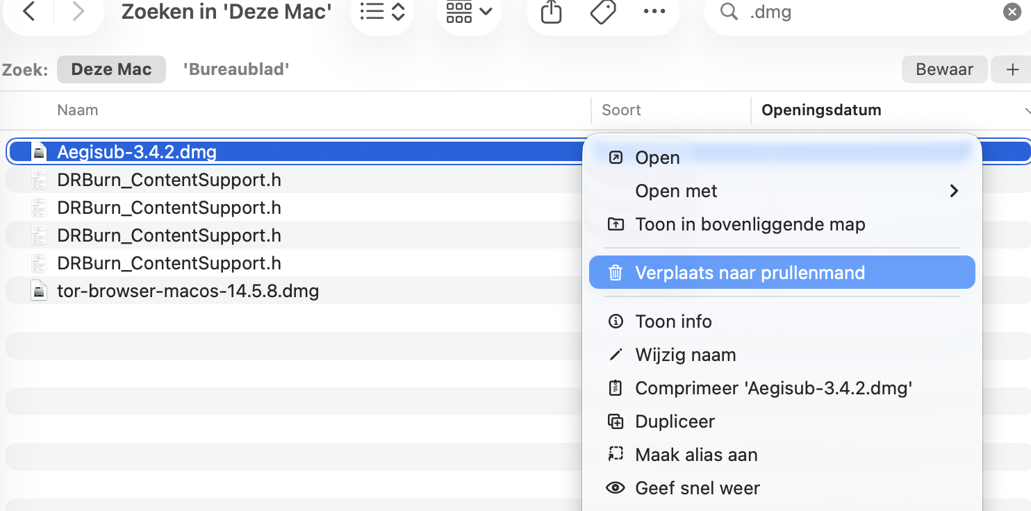 Zodra je de schijfkopieën en archiefbestanden hebt gevonden die je wilt verwijderen, klik je er met de rechtermuisknop op en kies je Verplaats naar prullenmand. Vergeet niet daarna ook de prullenmand te legen om deze bestanden permanent van je MacBook of iMac te verwijderen.
