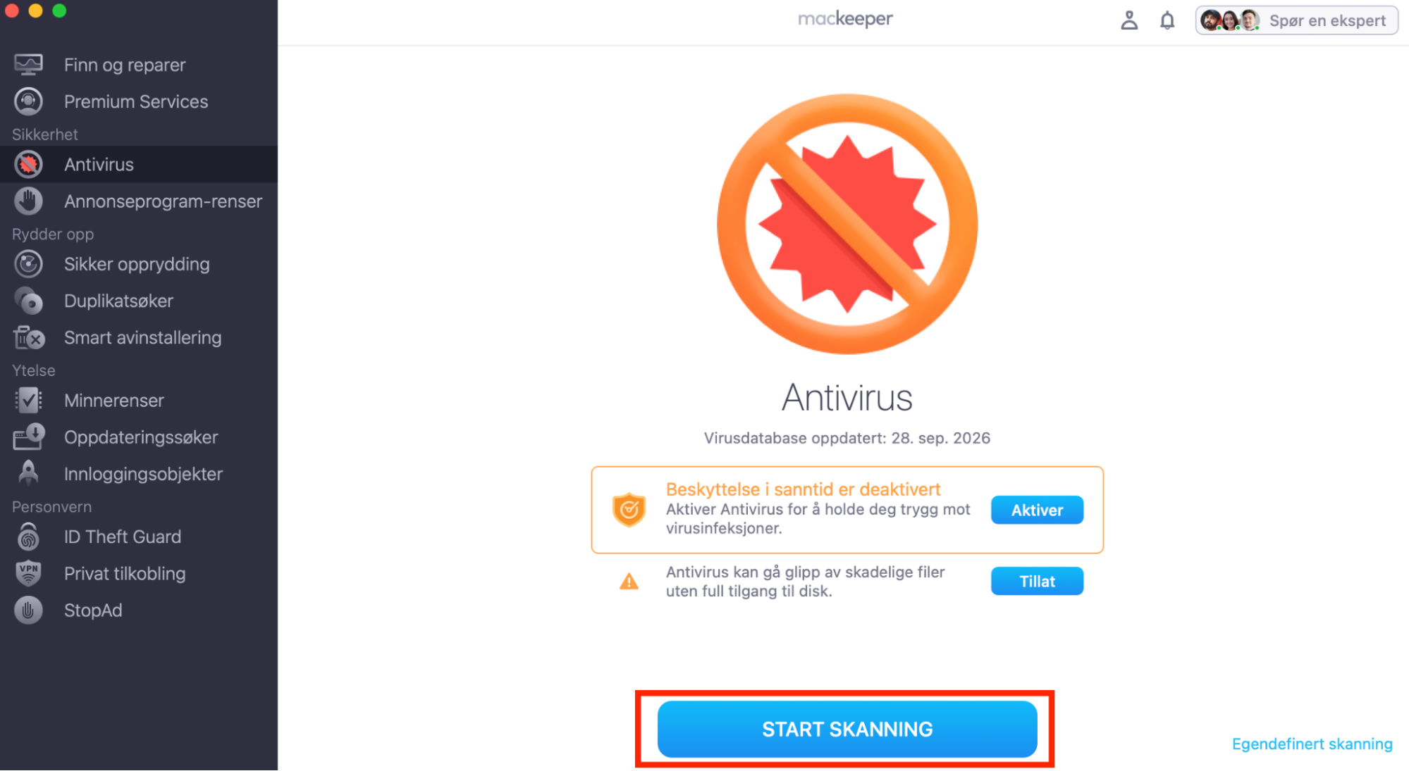 For å fjerne skadelig programvare fra Macen din går du til Antivirus-fanen i MacKeeper-appen og klikker på Start Antivirus.