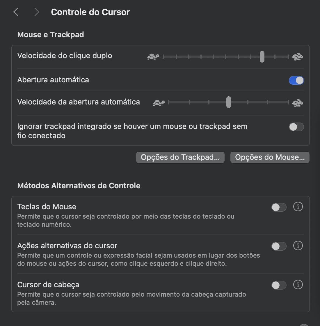 No painel Controle do Cursor, você também pode ajustar a direção da rolagem e a velocidade de movimento para o Trackpad e o Mouse.