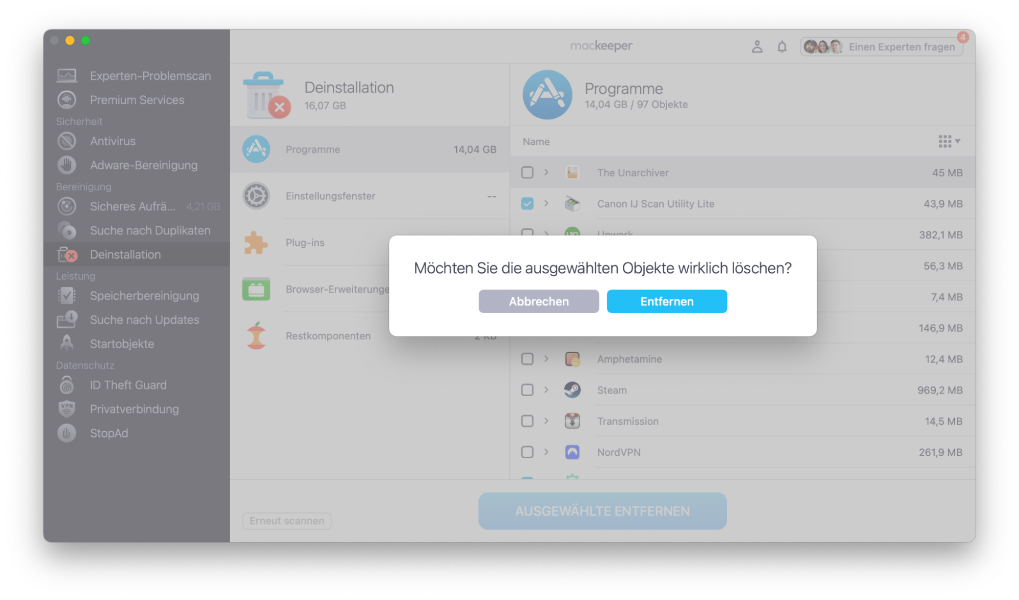 Klicken Sie in einem Popup-Fenster auf Entfernen, um den Vorgang abzuschließen.