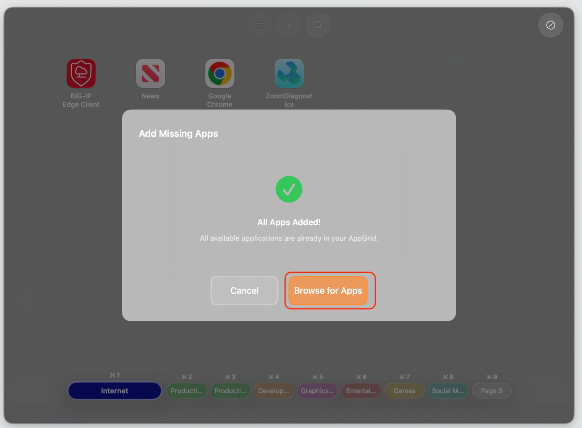 The AppGrid Launcher Add Missing Apps dialog on macOS Tahoe with Browse for Apps highlighted to customize your dashboard on a MacBook.