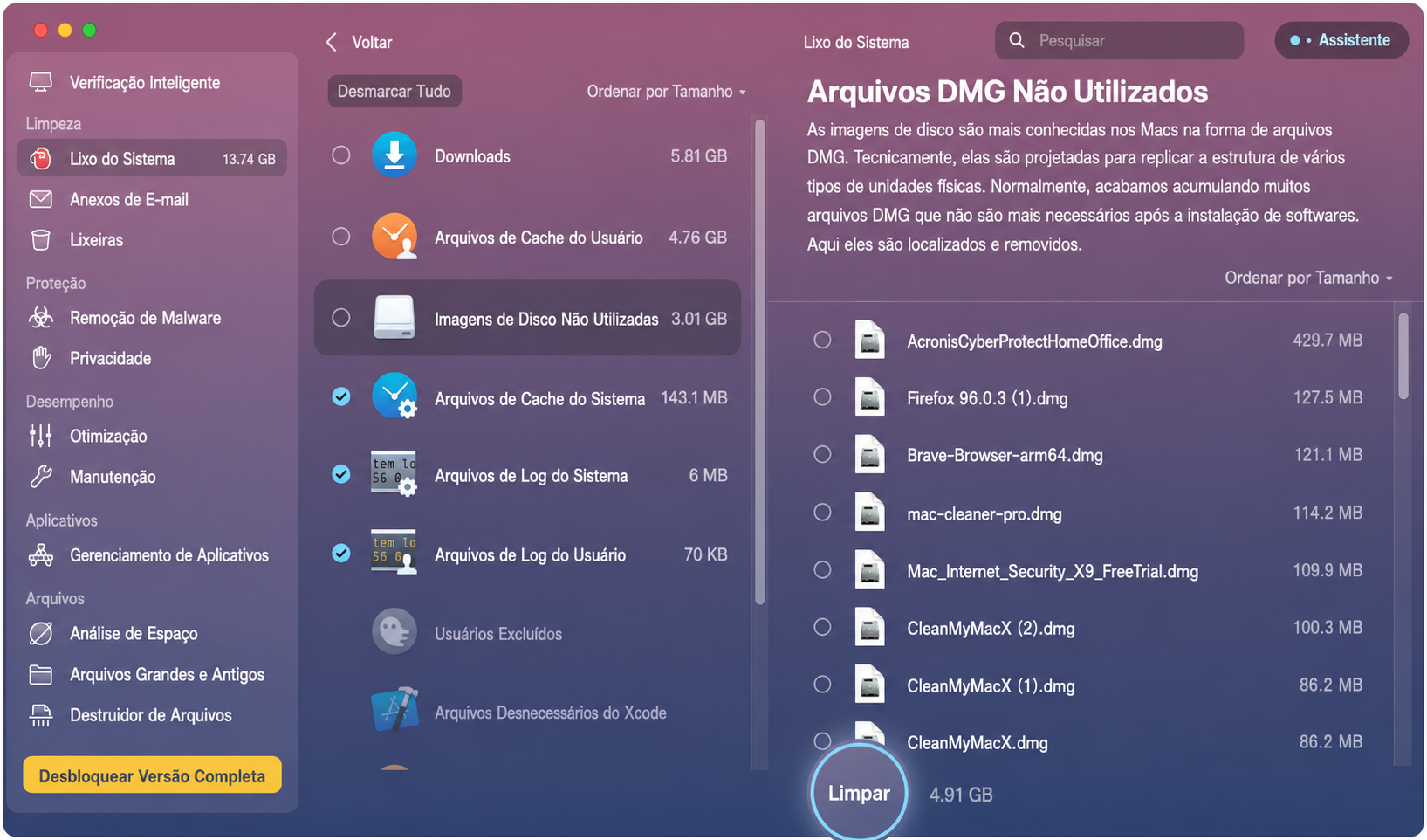 Outro tipo de arquivo que merece destaque são as imagens de disco não utilizadas. O recurso Limpeza do Sistema do CleanMyMac permite localizá-las e removê-las facilmente. Após a conclusão da verificação, a categoria Imagens de Disco Não Utilizadas aparecerá entre as opções à esquerda.