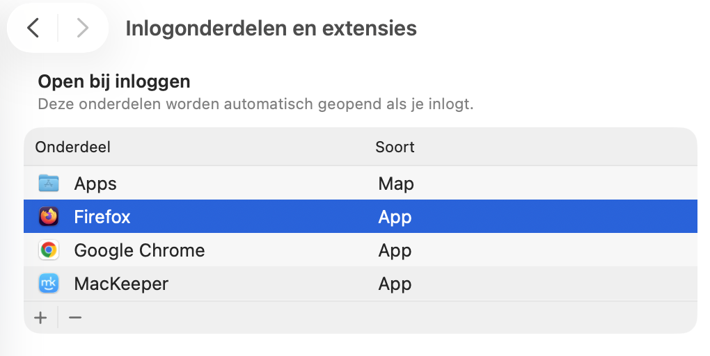 Verwijder  Inlogonderdelen  die direct openen door naar het bovenste gedeelte van Inlogonderdelen te gaan en de processen te selecteren die je wilt stoppen. Tik vervolgens op het -icoon.