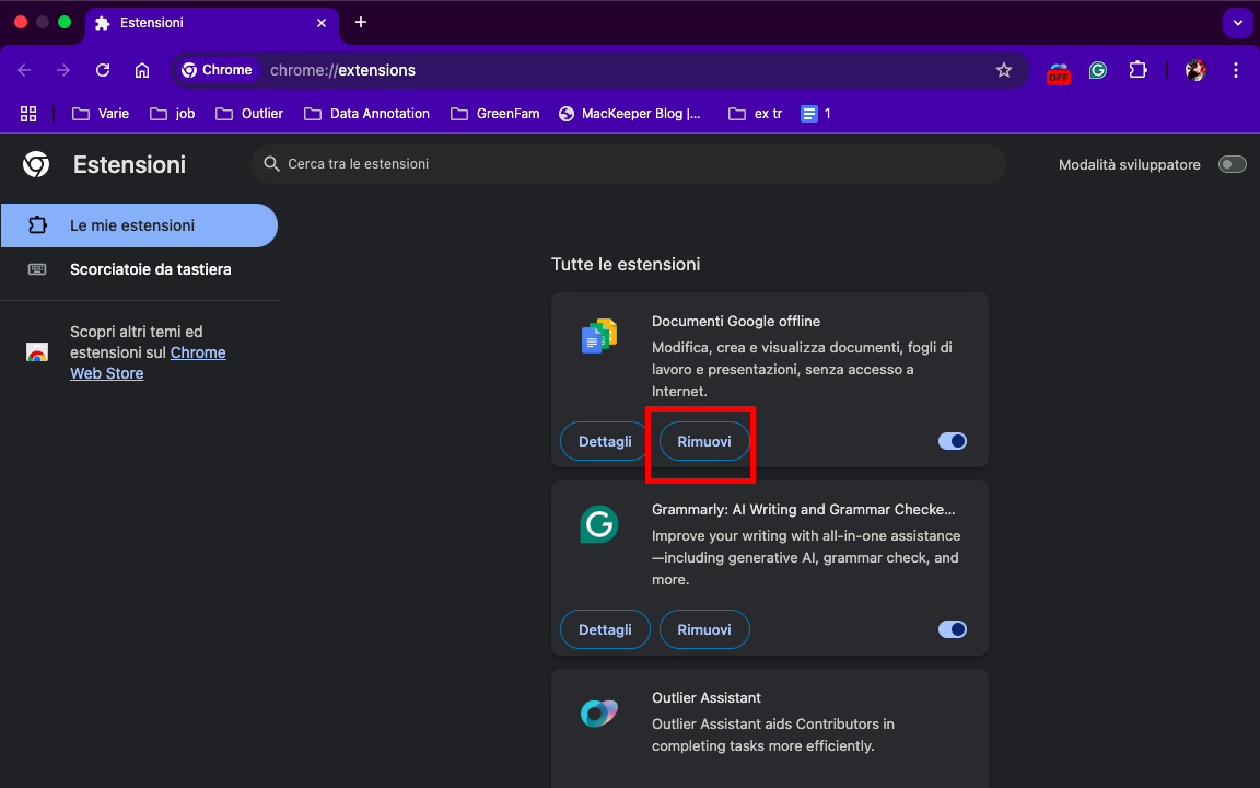 Per rimuovere un'estensione da Chrome, individuarla nell'elenco e fare clic sul pulsante Rimuovi. Confermare la rimozione e l'estensione sarà eliminata.