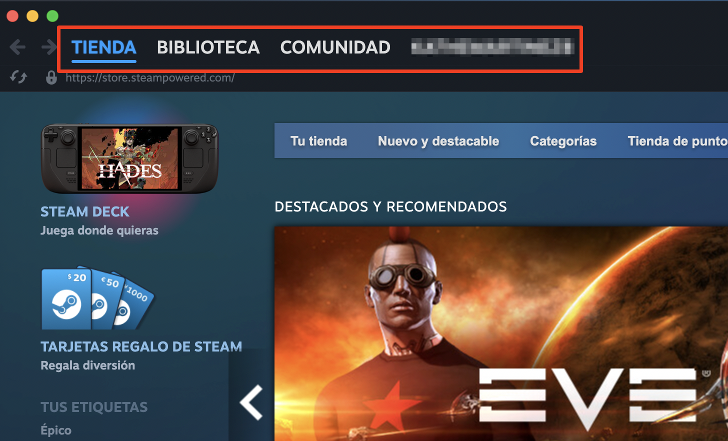 Aplicación de Steam para Mac mostrando las pestañas Tienda, Biblioteca y Comunidad. Haz clic en las pestañas Tienda o Biblioteca para continuar, dependiendo de lo que quieras hacer.