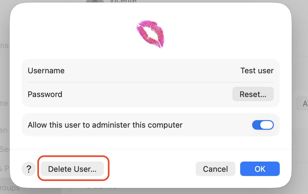 macOS account info dialog on a MacBook showing the Test user details with the Delete User button used to remove the profile.