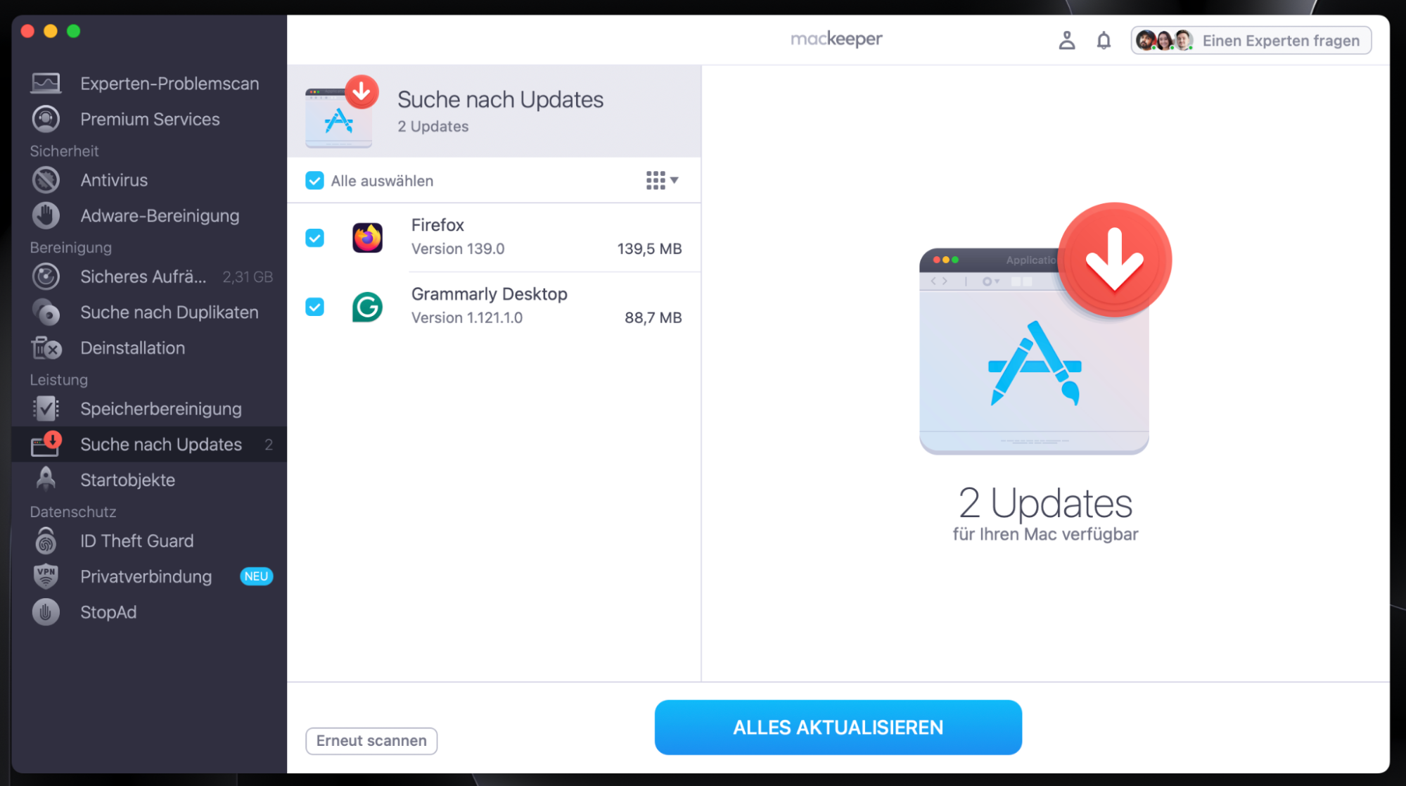 Nach Abschluss des Scans zeigt Ihnen die Suche nach Updates von MacKeeper eine Liste der verfügbaren Updates an. Wählen Sie die zu aktualisierenden Elemente aus und klicken Sie auf Aktualisieren.
