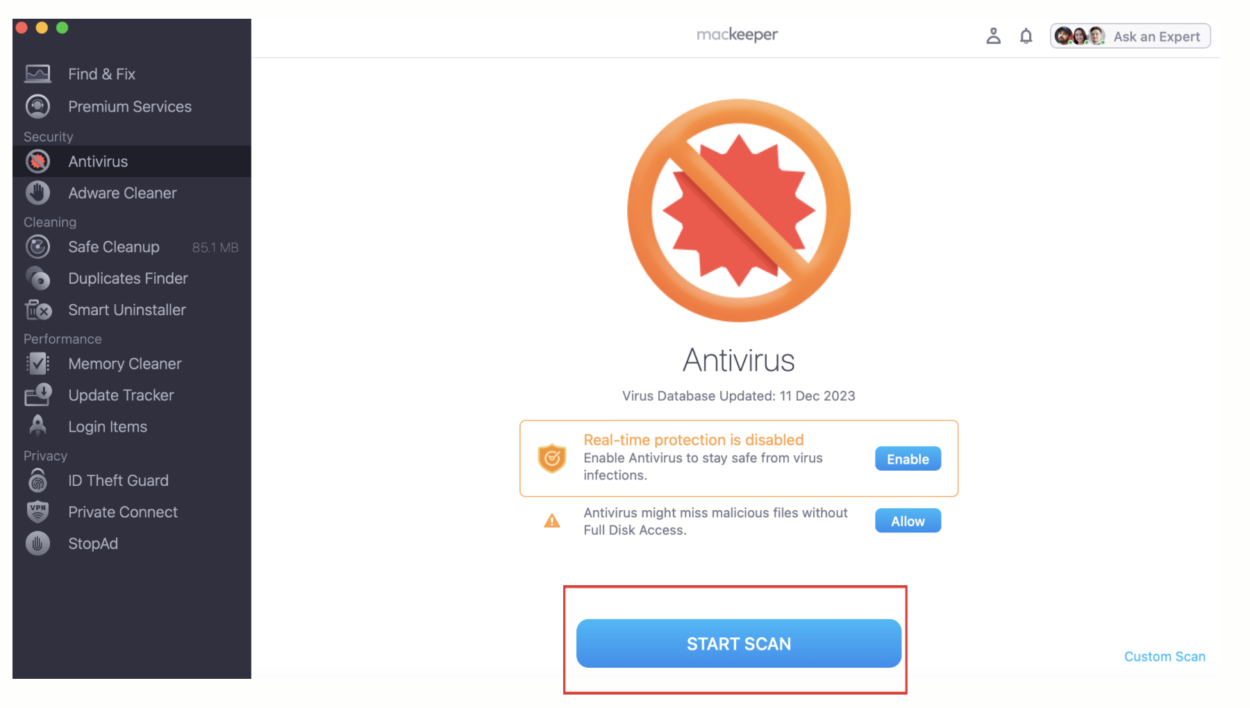 In MacKeeeper’s Antivirus window, you'll see an option to get your laptop checked for viruses and malware. For this, you just need to click on Start Scan.