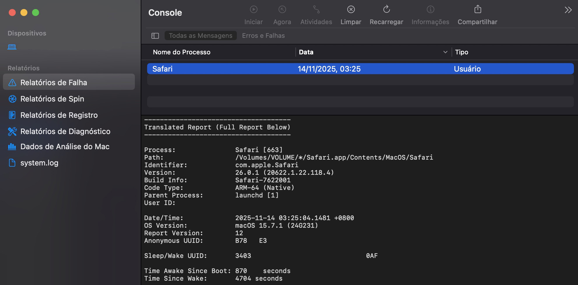 Se você tiver problemas que exigem atenção, encontrará eles na seção Nome do Processo dos Relatórios de Falha > Console. A partir daí, você pode escolher os próximos passos a serem tomados.