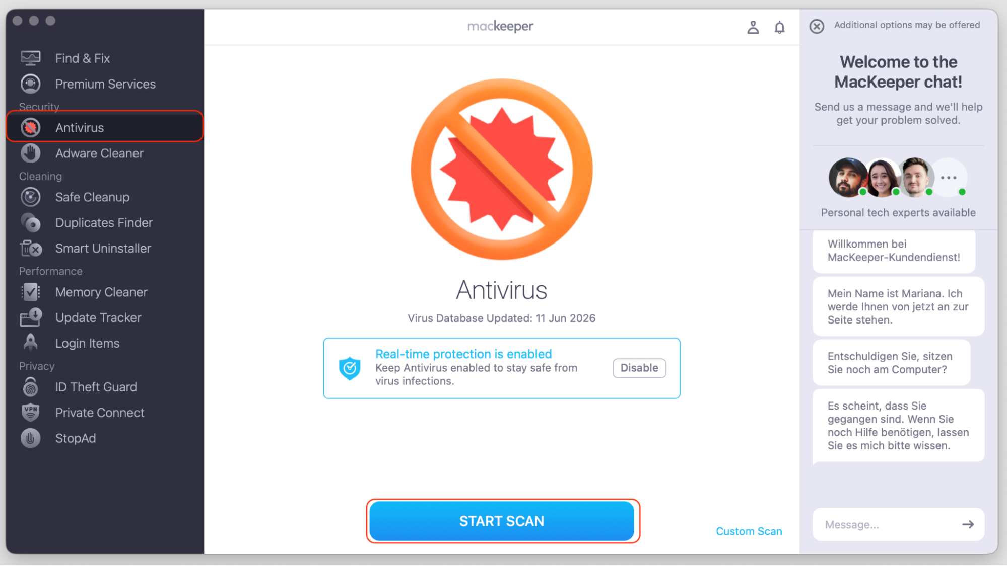 MacKeeper's Antivirus selected in the sidebar on an Apple computer, with the Start Scan button highlighted to check your Mac for malware.