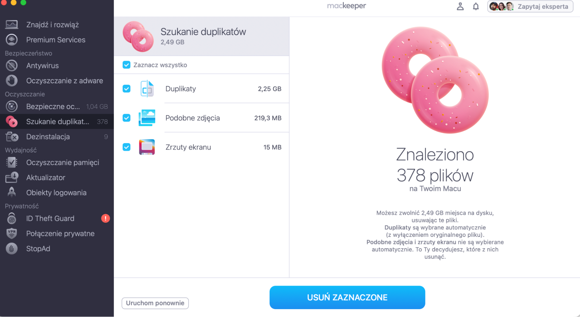 Usuń zduplikowane pliki, klikając przycisk Usuń zaznaczone w funkcji Szukanie duplikatów
