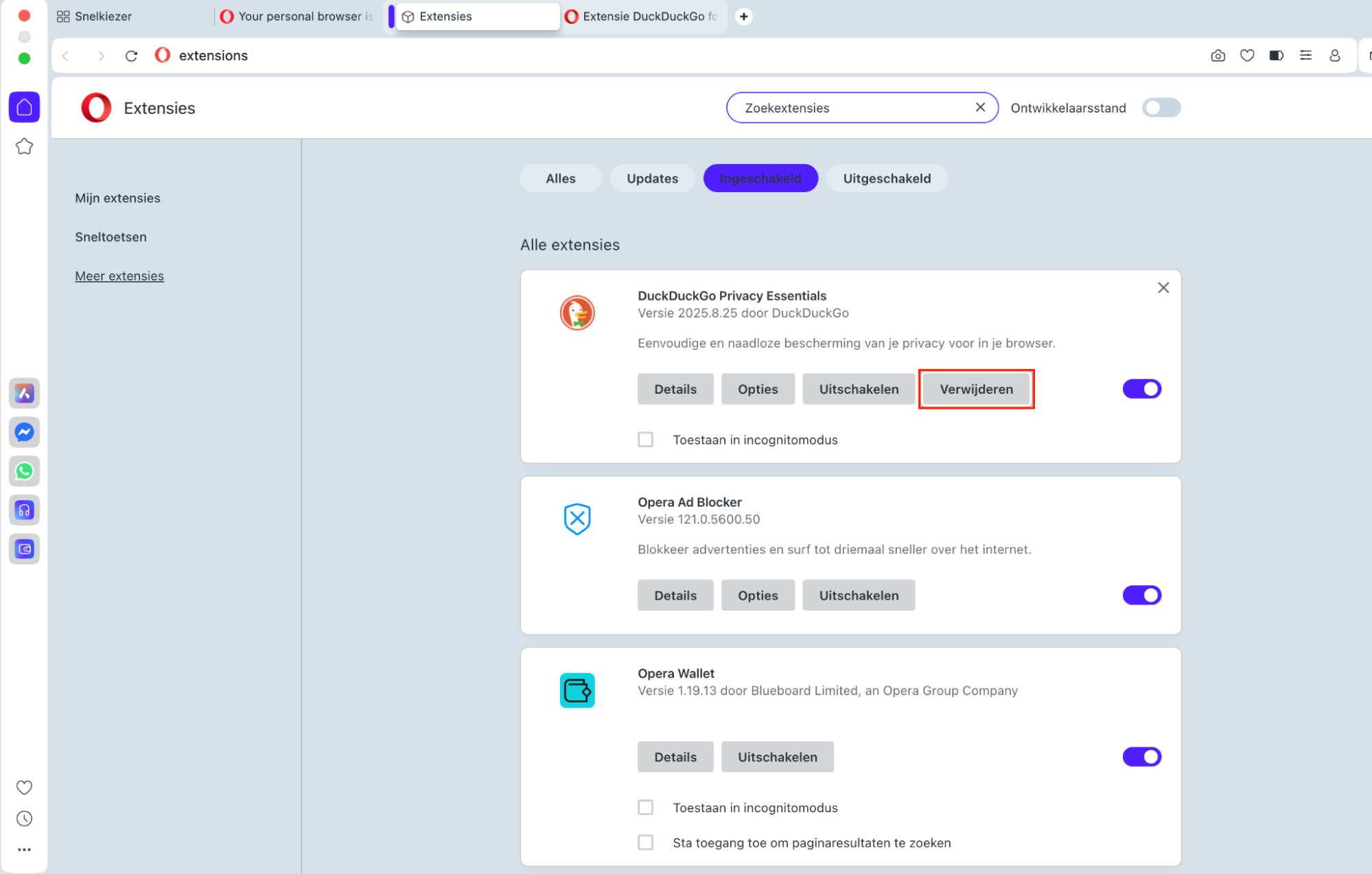 Bekijk nu je Opera-extensies. Zie je iets verdachts, klik dan op de knop Verwijderen om het te verwijderen.