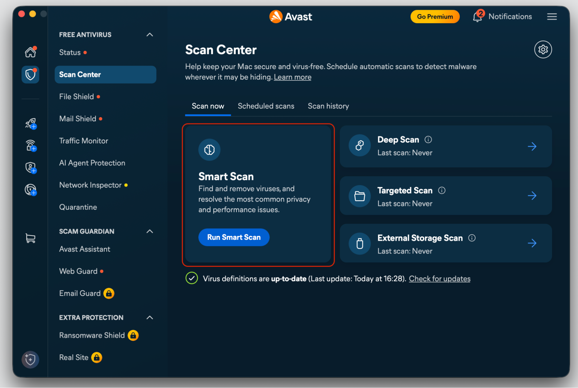 Avast Scan Center on macOS with the Scan now tab open and the Run Smart Scan button to start removing a bad search engine.