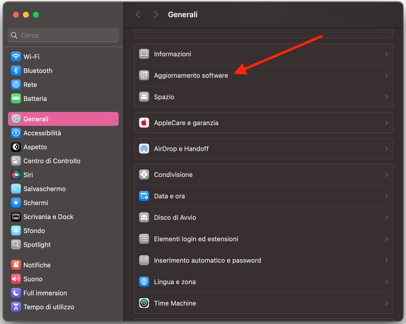 L’app Impostazioni di Sistema su Mac mostra il menu Generali. Seleziona Aggiornamento Software per aggiornare macOS.