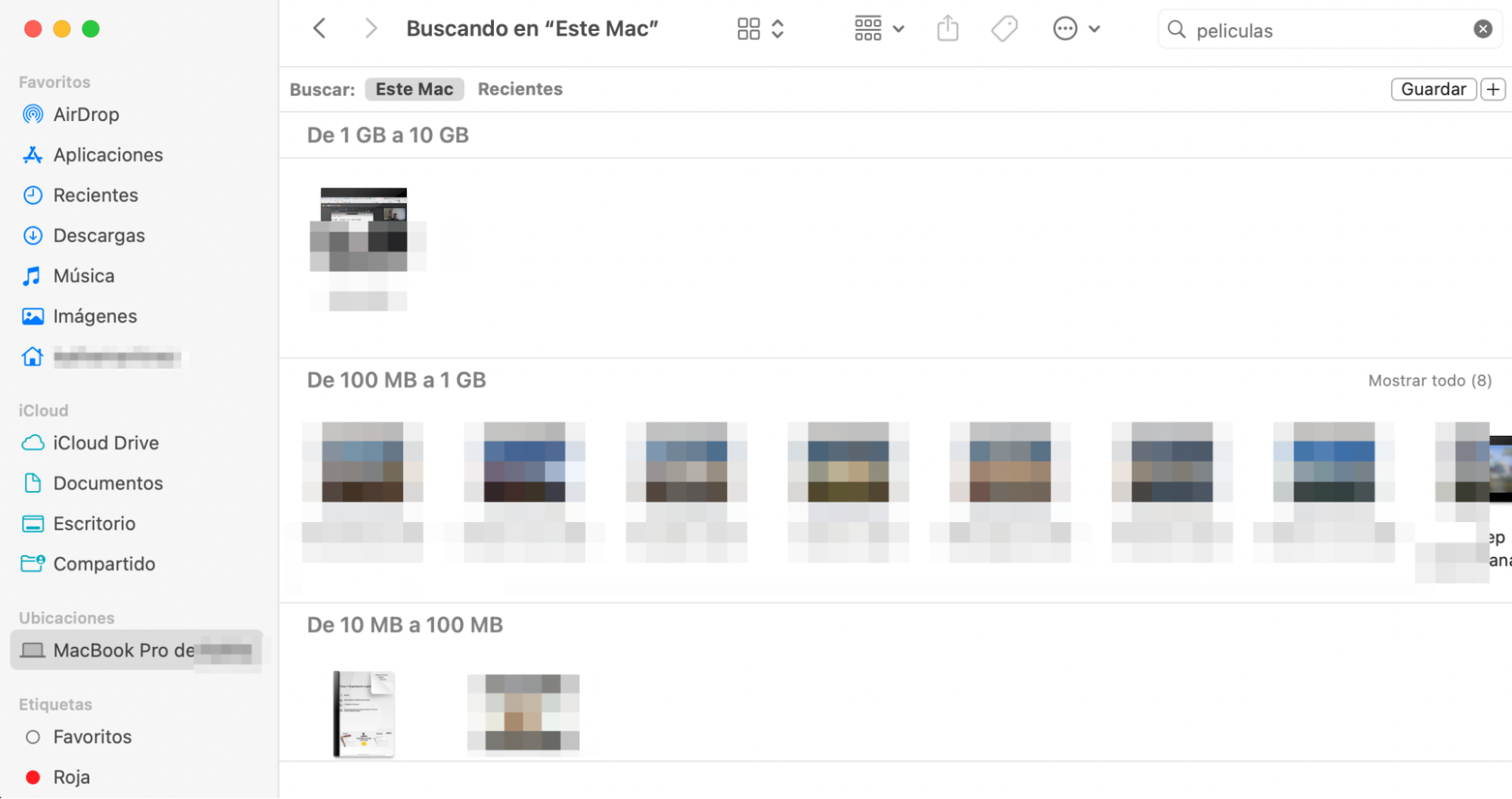 Utiliza el Finder para encontrar y eliminar películas de tu Mac. En el icono de búsqueda del Finder escribe tipo: películas, selecciona Este Mac para mostrar todos los archivos de vídeo de tu dispositivo.